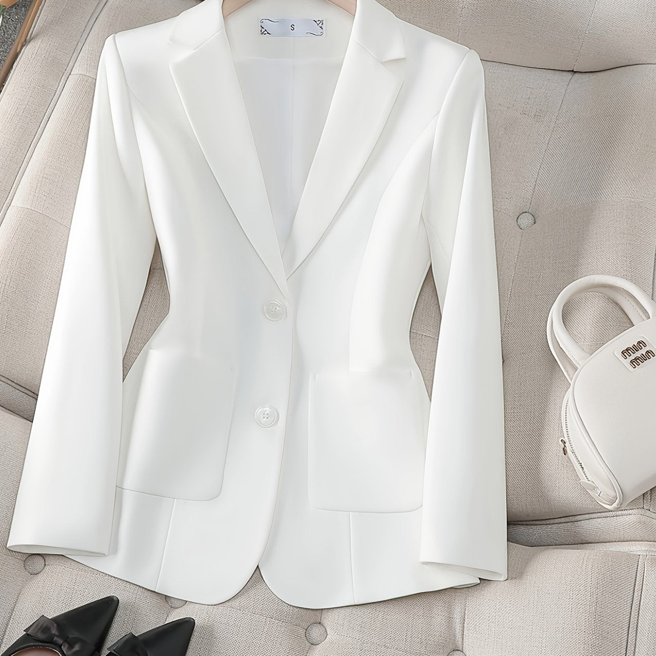 Blazer de mujer con doble bolsillo, poliéster spandex, color sólido, ropa de oficina, primavera y otoño