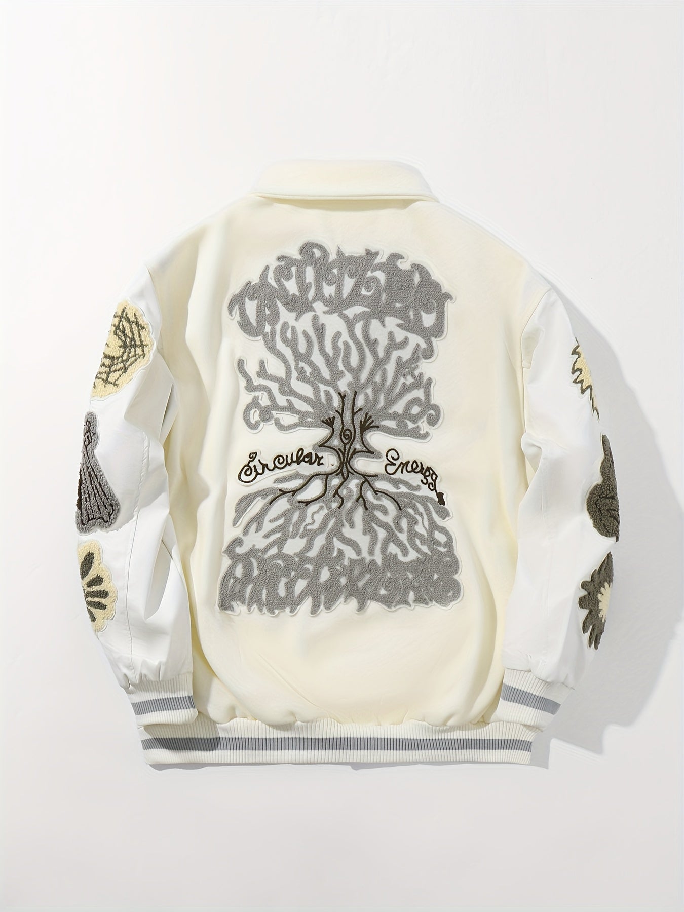 Men's Striped Loose Fit Jacket with Embroidery Pockets Lapel for Fall Winter Outdoor Wear