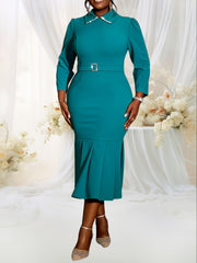 Ladies Midi Bodycon Dress Long Sleeve Solid Color Slim Fit Polyester