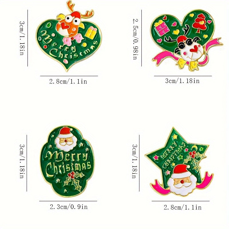 Festive Alloy Christmas Brooch Pin Set, Includes 1 Santa & 4 Reindeer Designs, Stylish Heart-Shaped Lapel Pins for Daily or Holiday Wear