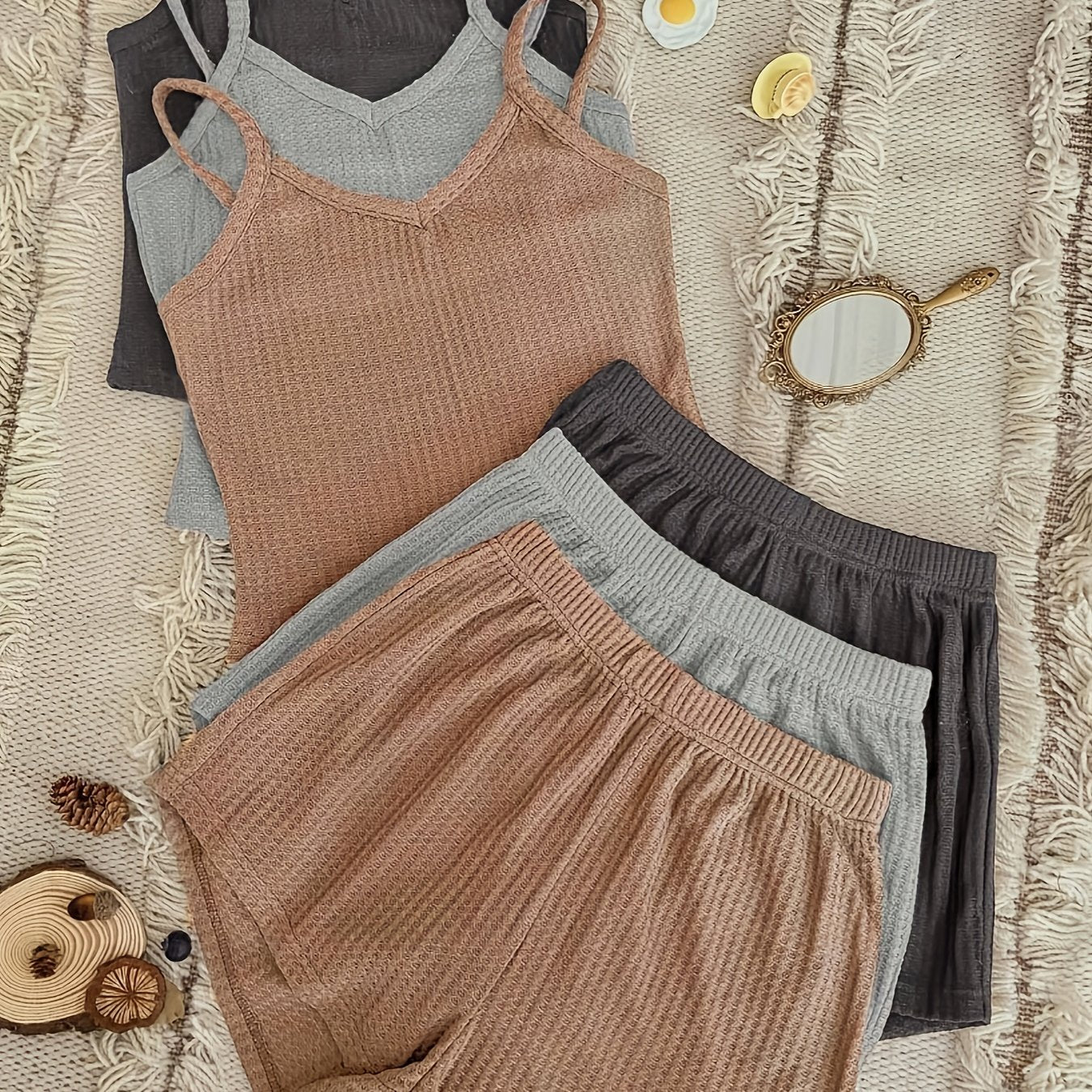 Women's Waffle Knit Pajama Set with V-Neck Top and Shorts Plus Size Lounge 6 Piece