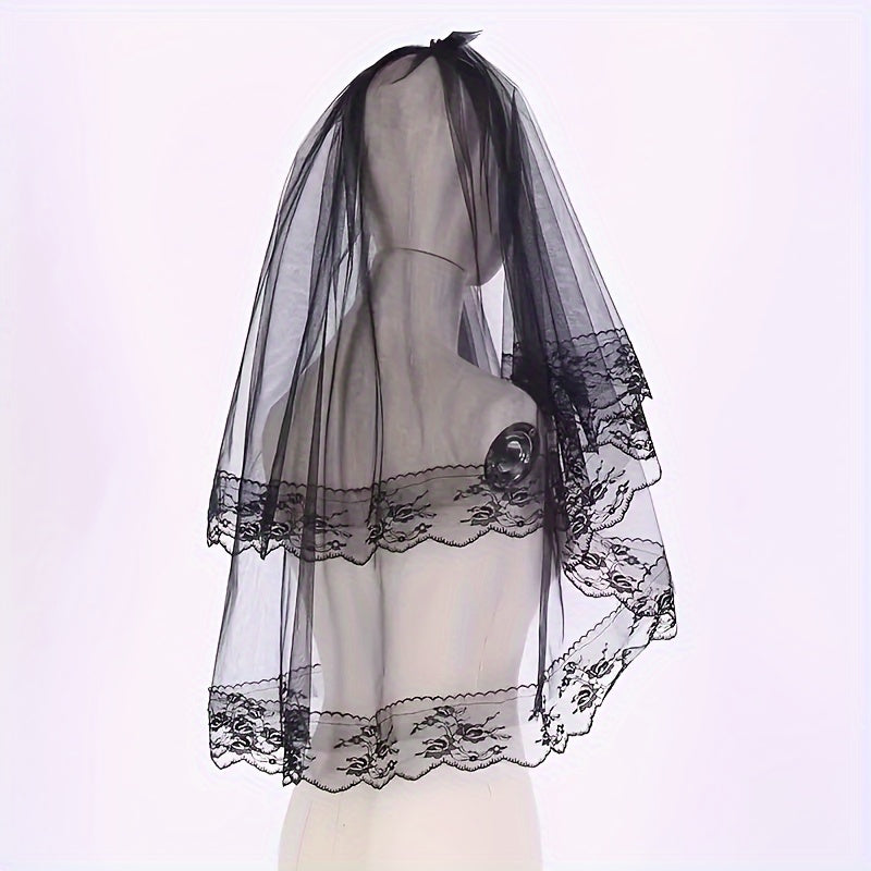 Bridal Veil with Comb Lace Details Polyester Wedding and Photoshoot Accessory
