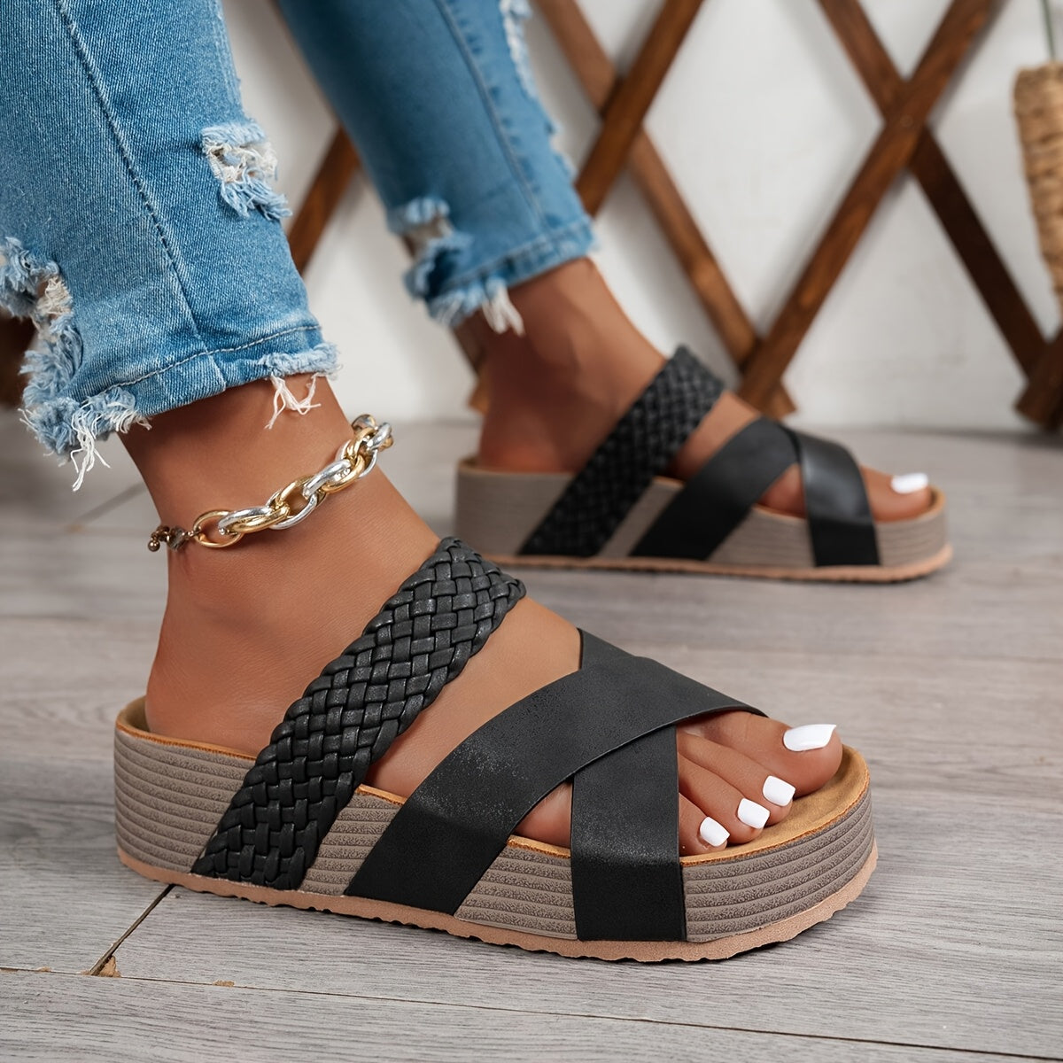 Women’s Bohemian Platform Sandals Open Toe Slip-On Summer Beach Shoes