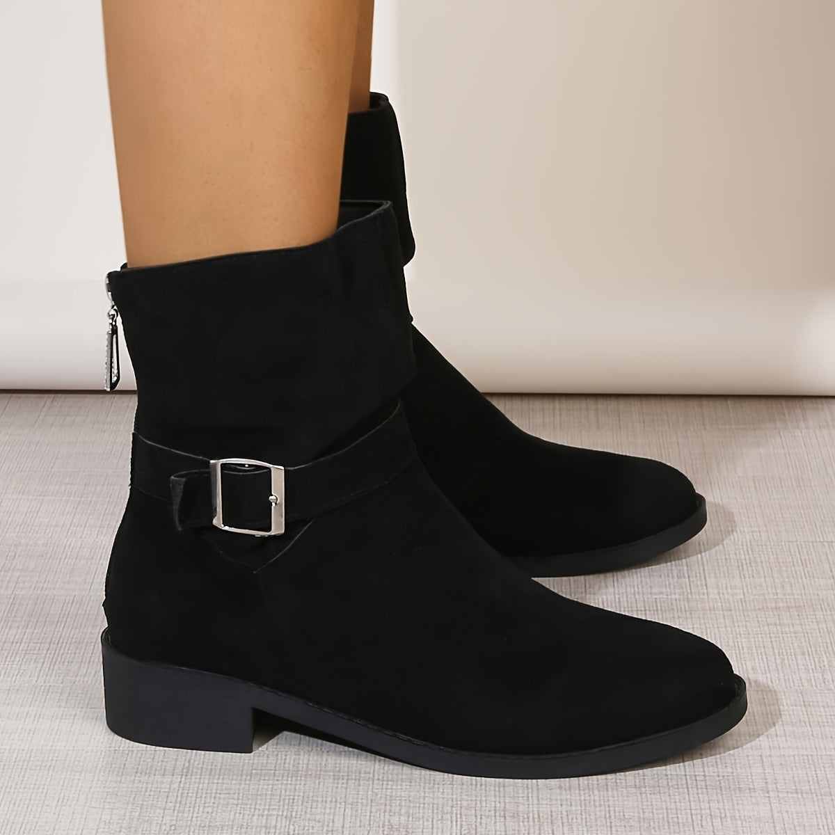 Women's Fleece-Lined Mid-Calf Boots Chunky Heel Side Zipper Casual
