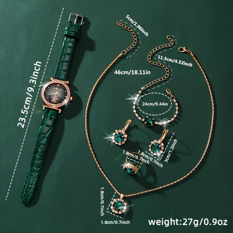 Juego de relojes para mujer de 6 piezas con piedras de rhinestone, estrella, cuarzo analógico, pulsera de cuero, regalo de joyería
