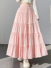Women's Pastel Pink Tiered Midi Skirt High-Waisted Flowy A-Line