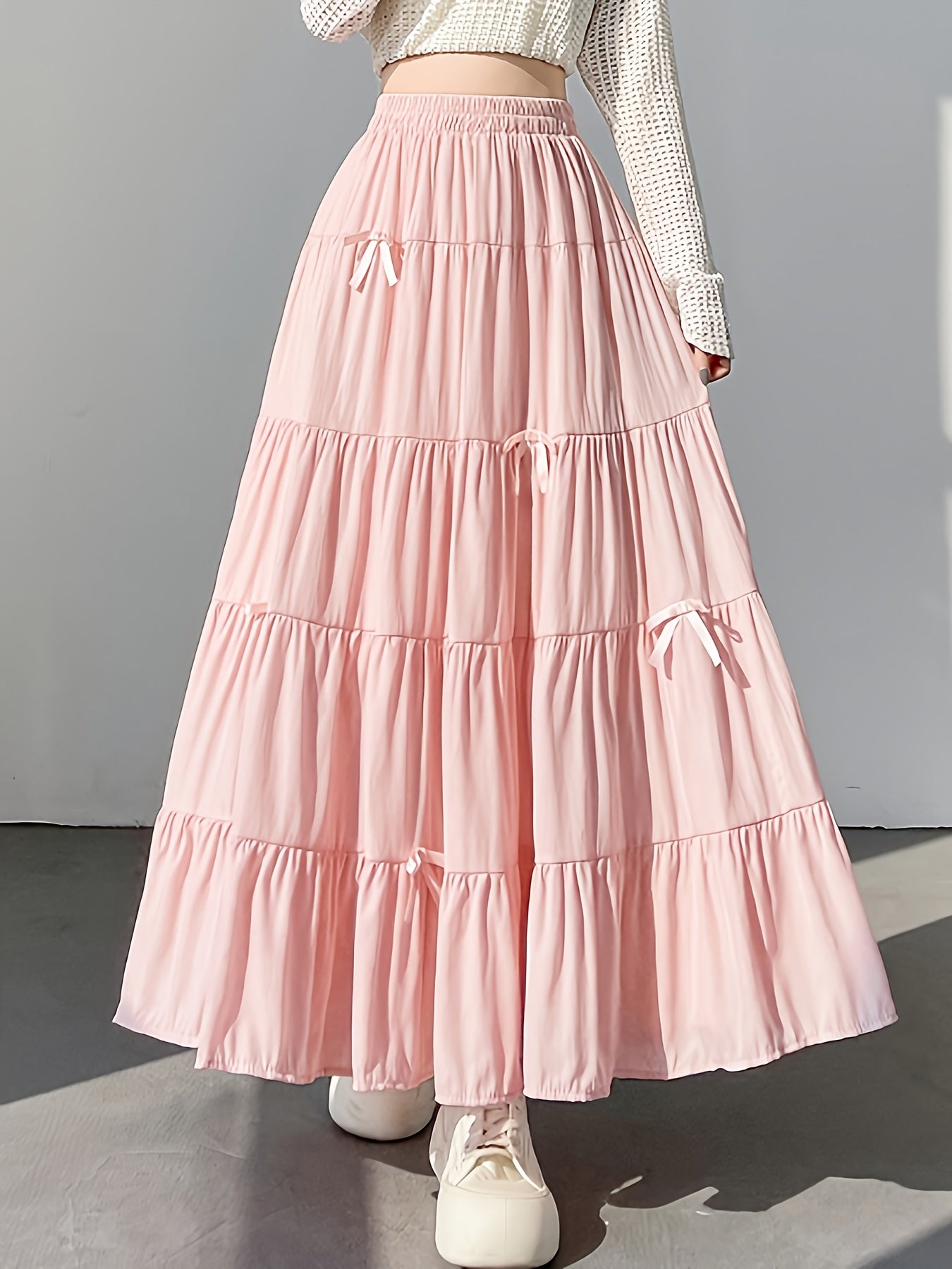 Women's Pastel Pink Tiered Midi Skirt High-Waisted Flowy A-Line