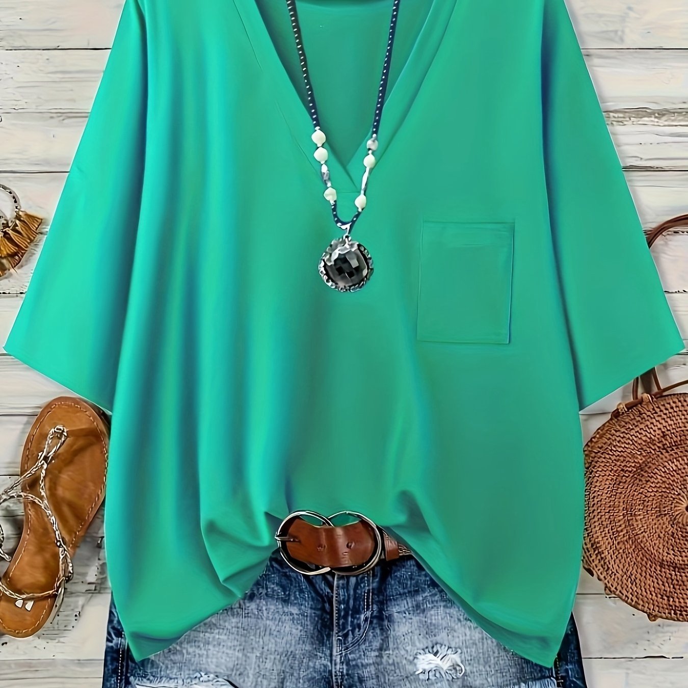 Women's Plus Size V-Neck Loose Top with Pockets Black Casual Summer Blouse