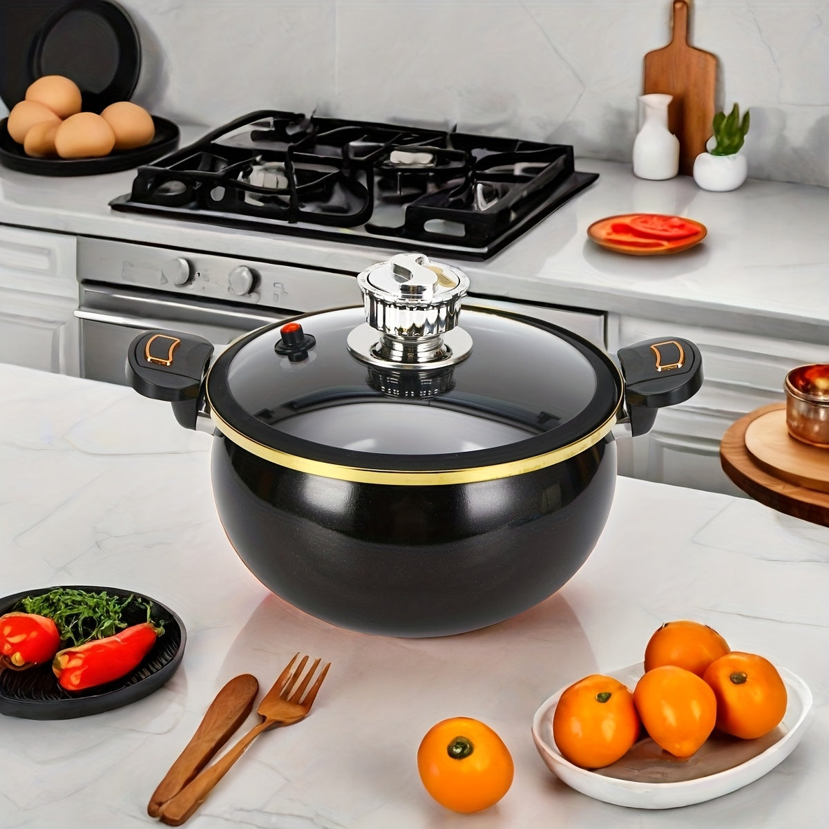 Enamel Pressure Cooker 236oz Black Red Golden Lid Automatic Timer Sealed Stovetop