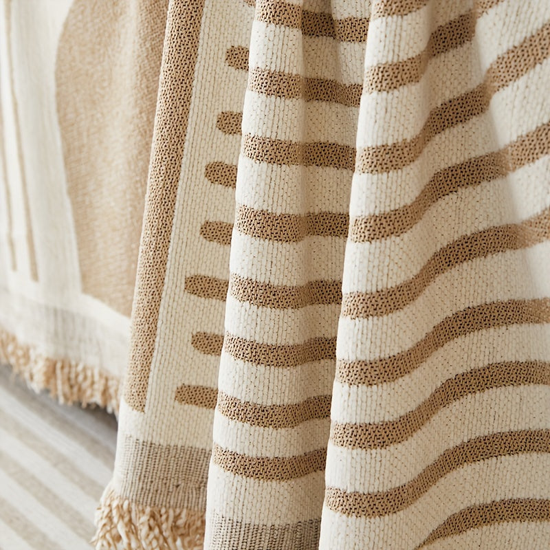 Bohemian Pet-Friendly Sofa Cover with Tassels Non-Slip All-Season for 1-4 Seaters Beige and White Striped