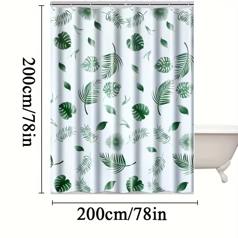 Water-Resistant Polyester Tropical Leaf Bath Liner with Hooks for Bathroom Decor