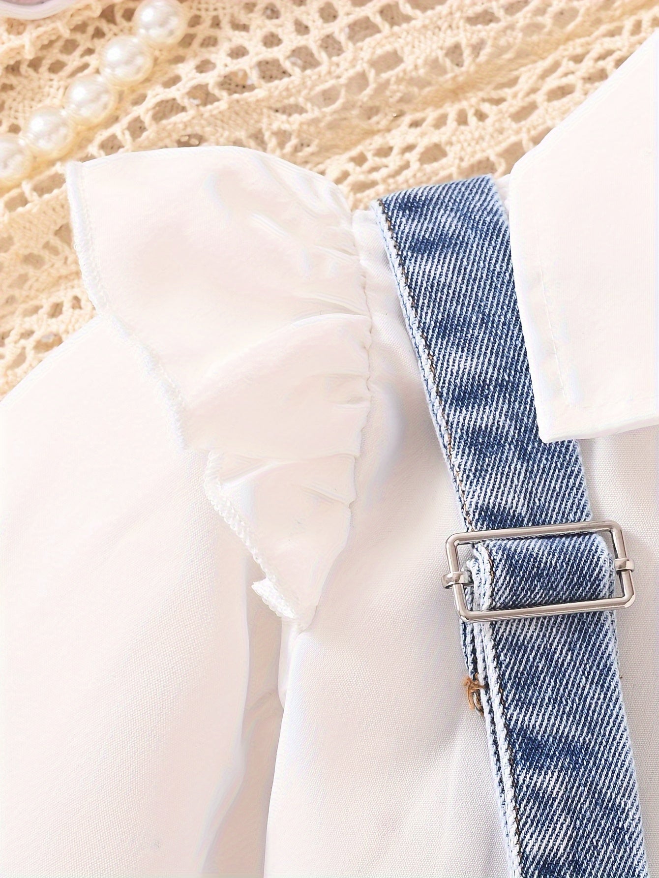 Toddler Girl White Long Sleeve Shirt with Denim Overalls Skirt Set for Spring Fall Outdoor