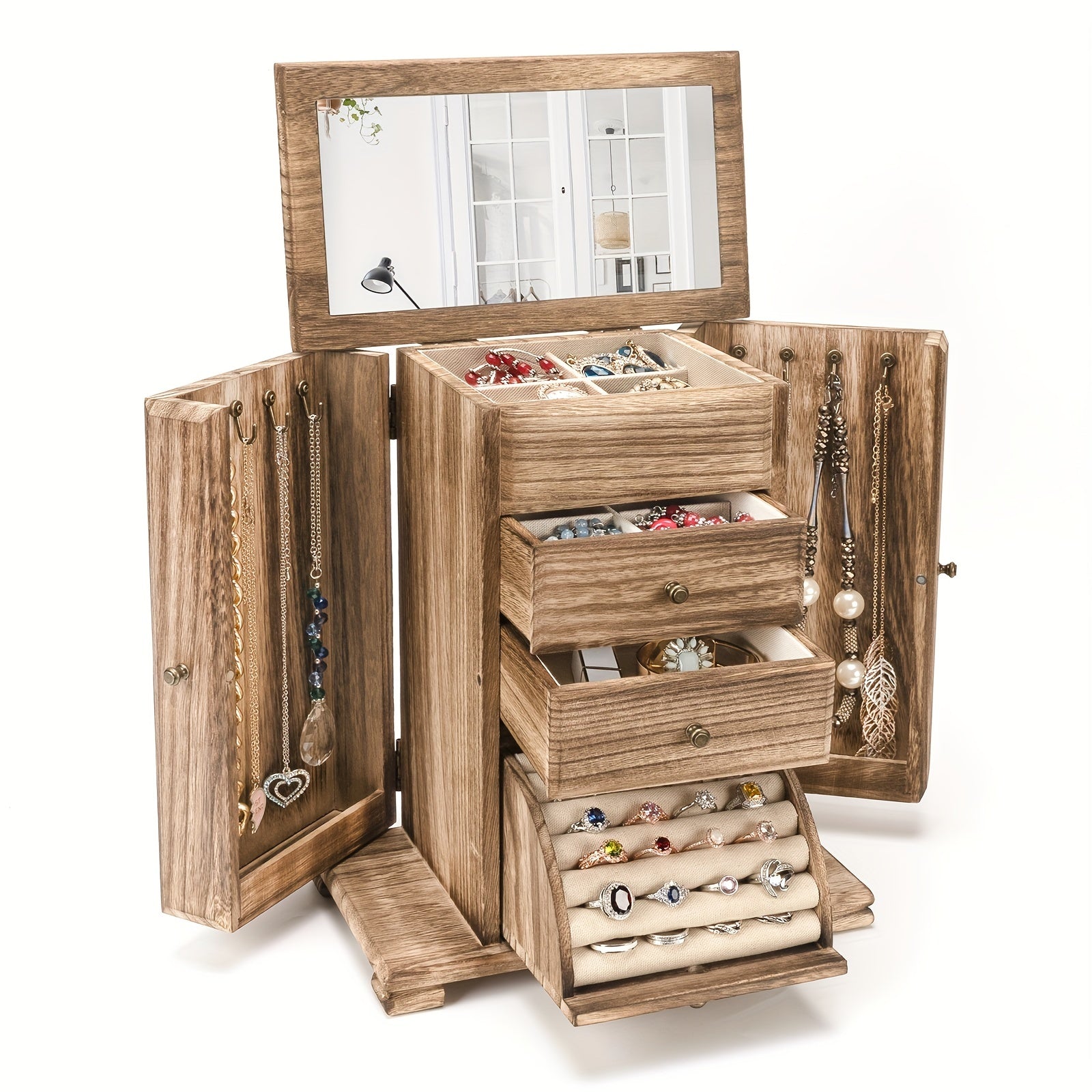 Organizador de joyas de madera rústica con espejo y 4 capas para anillos, pendientes y collares