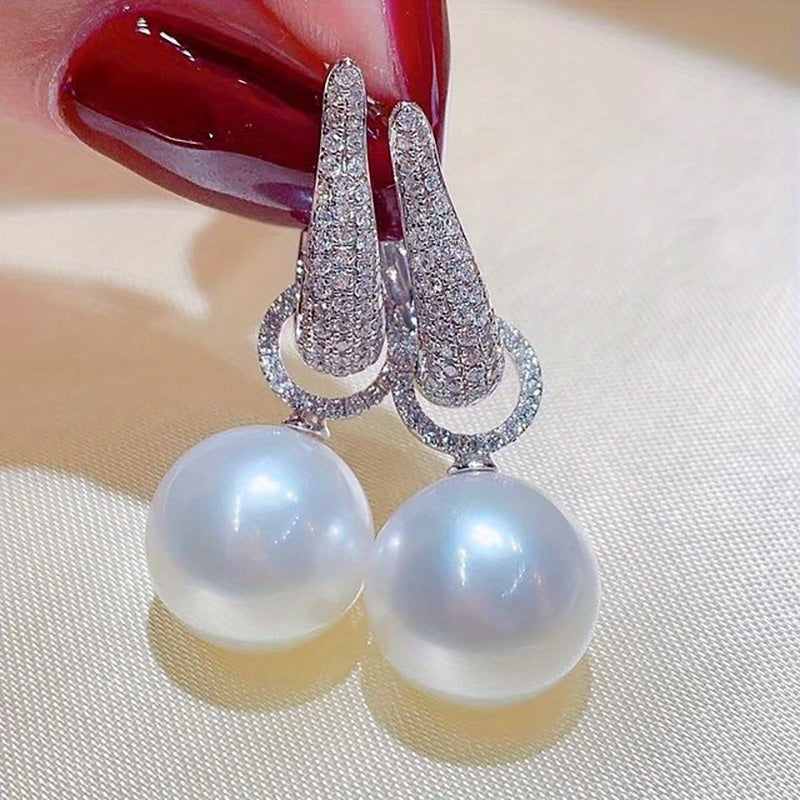 Women’s Silver Zirconia Earrings with Faux Pearl Pendant for Wedding and Gift