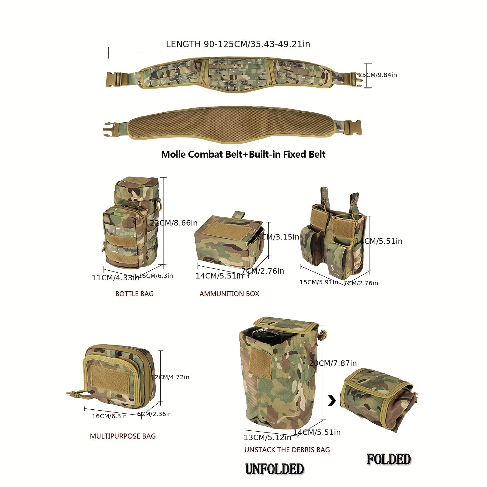 Tactical Utility Belt Set with MOLLE System Camouflage Polyester for Hunting and Fishing