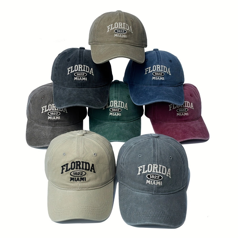 Vintage Washed Baseball Cap with Florida 1822 Miami Embroidery Adjustable Cotton Unisex Hat