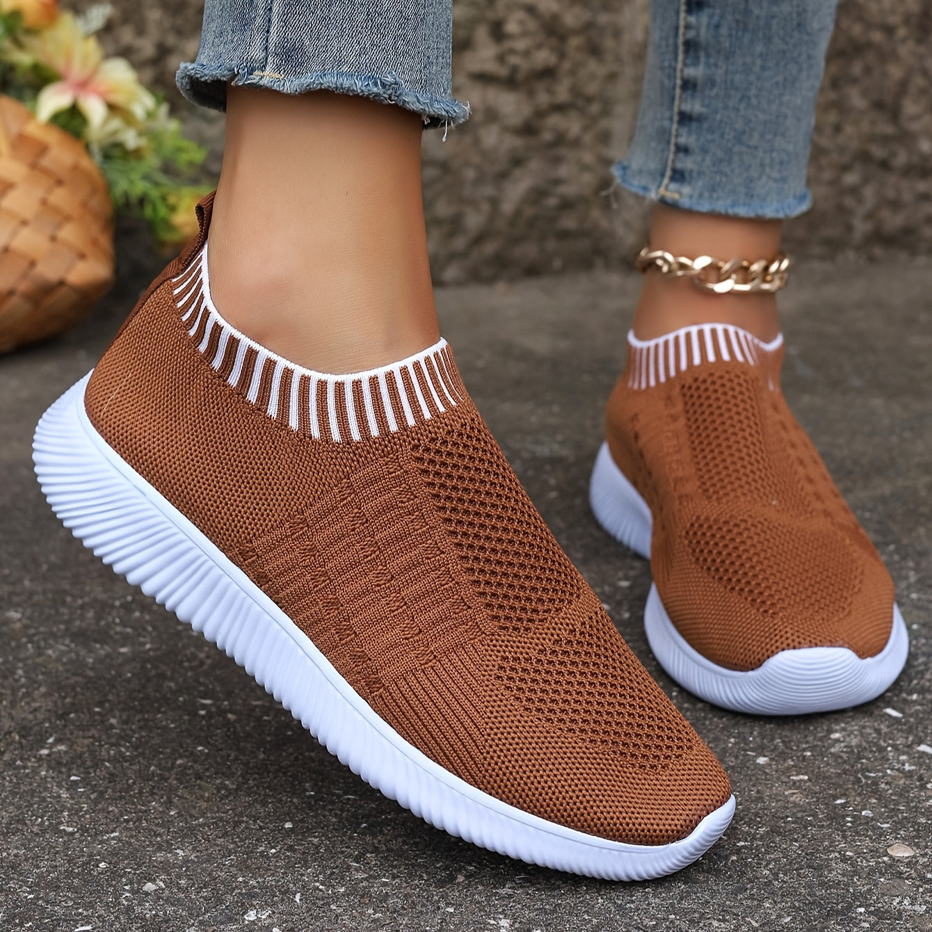 Women's Breathable Knit Flats Casual Mary Jane Shoes with EVA Sole Brown