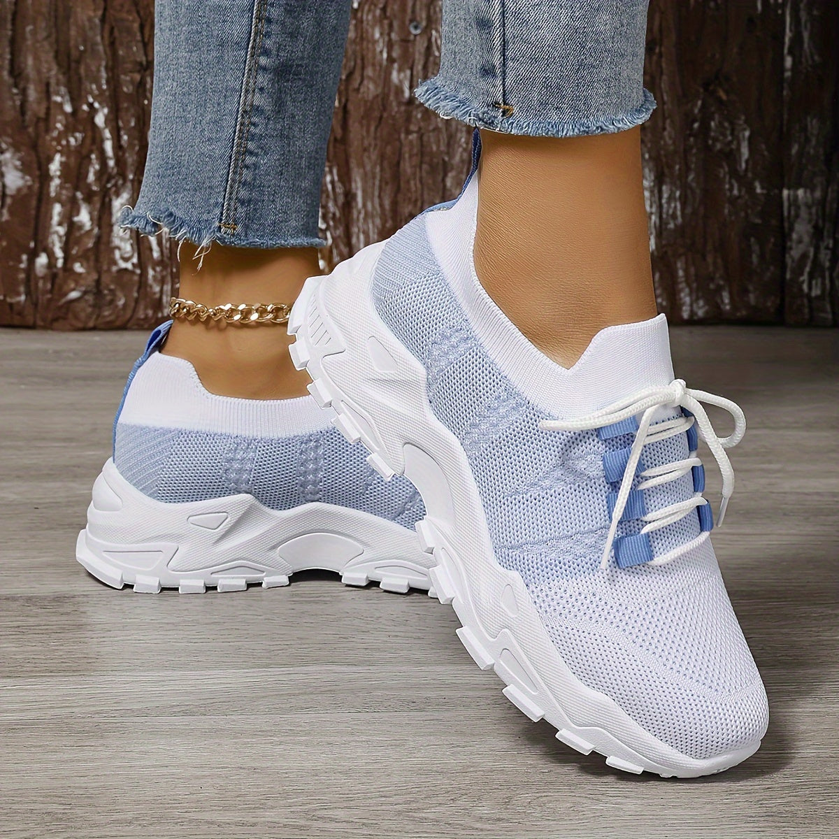 Ayollar uchun nafas oladigan knit platform sport poyafzallari, kundalik lenta bilan bog‘lanadigan tashqi poyafzallar