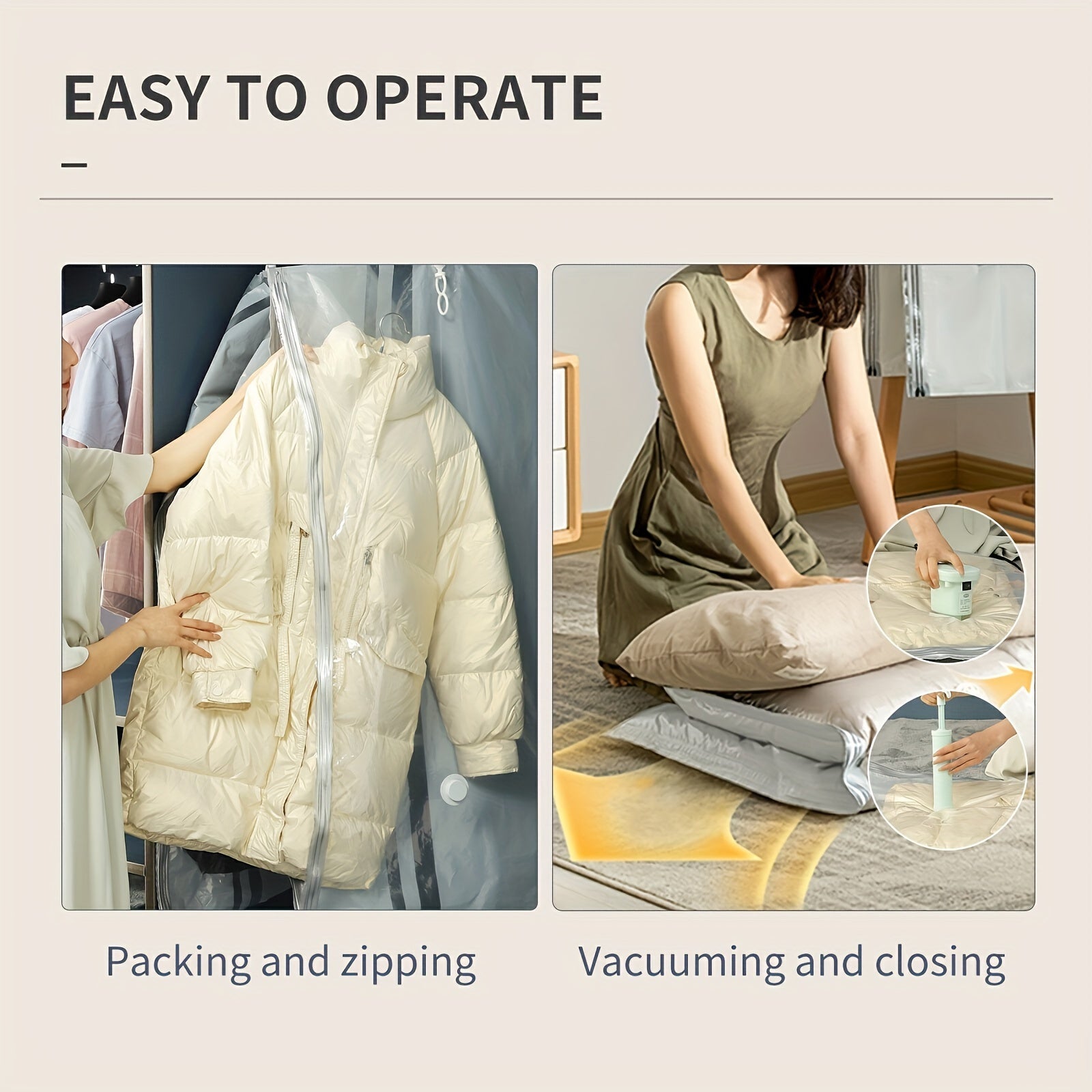 Kiyimlar, palto va kurtkalar uchun vakuum saqlash sumkalar, qo'lda pompali, 2, 4, 6 ta paket