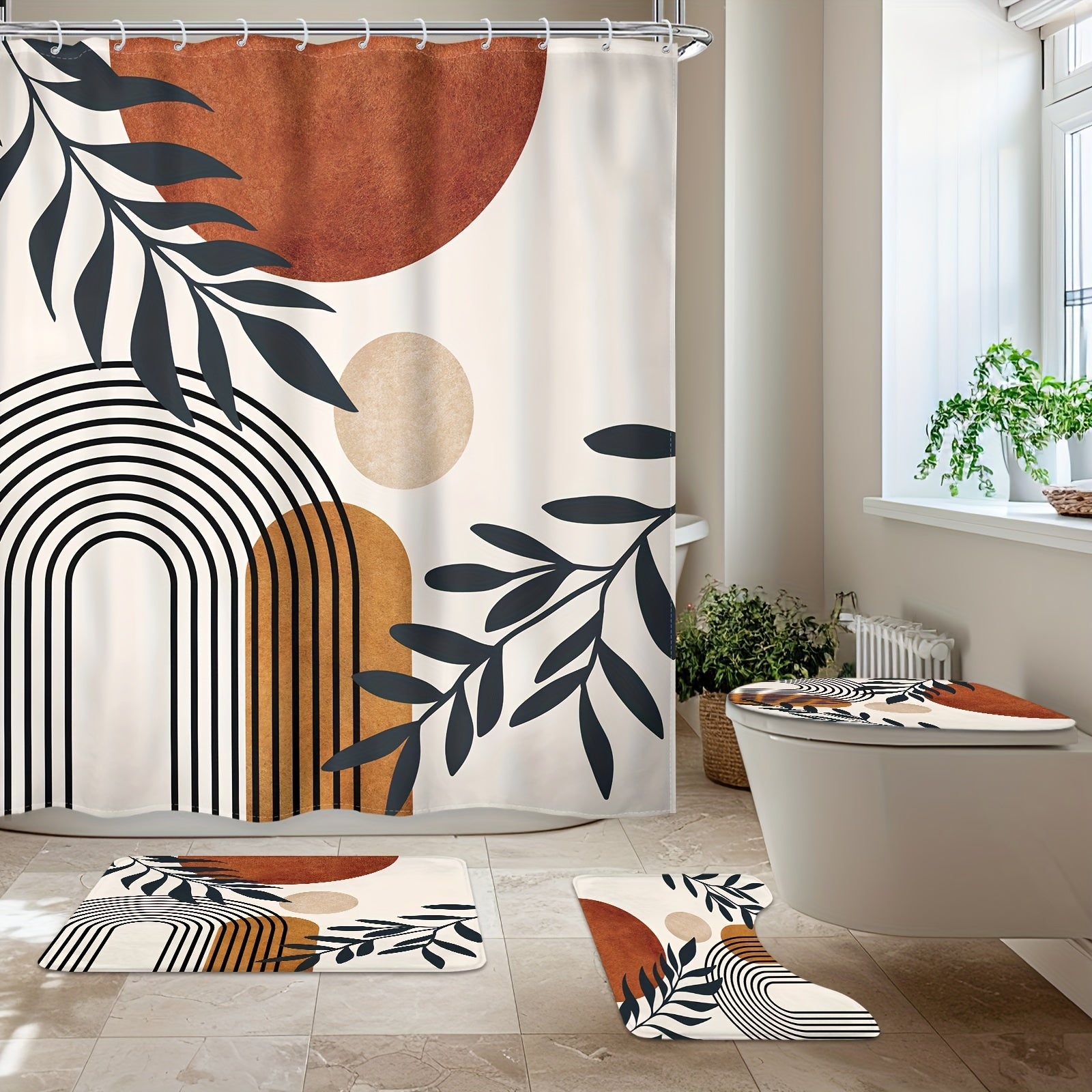 Bohemian Abstract Shower Curtain Set Waterproof with Hooks Non-Slip Bath Mat U-Shaped Toilet Mat and Bathroom Accessories