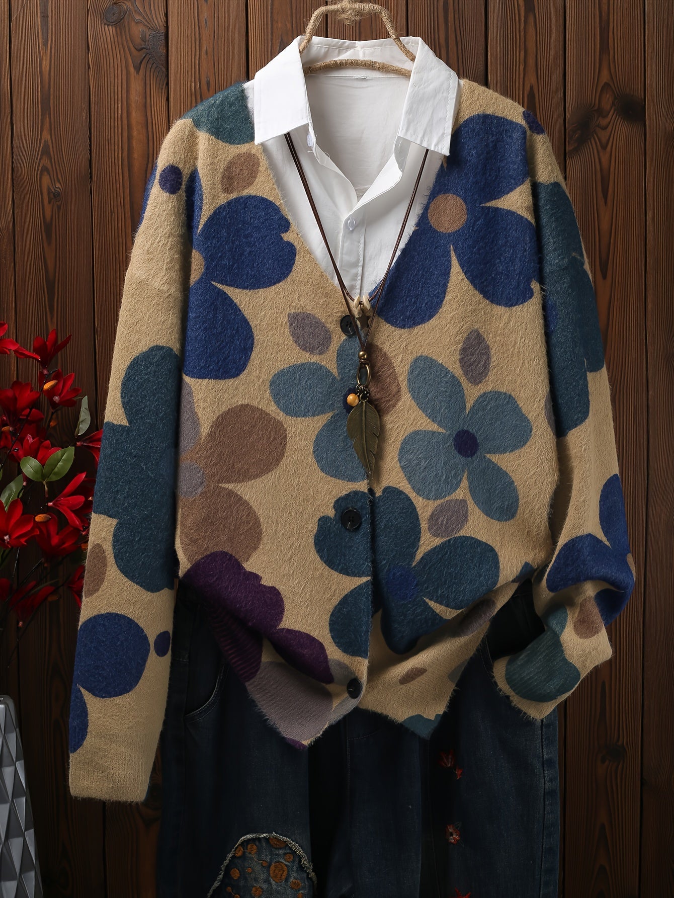 Women's Floral Print V-Neck Cardigan Sweater with Pockets