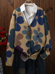 Women's Floral Print V-Neck Cardigan Sweater with Pockets