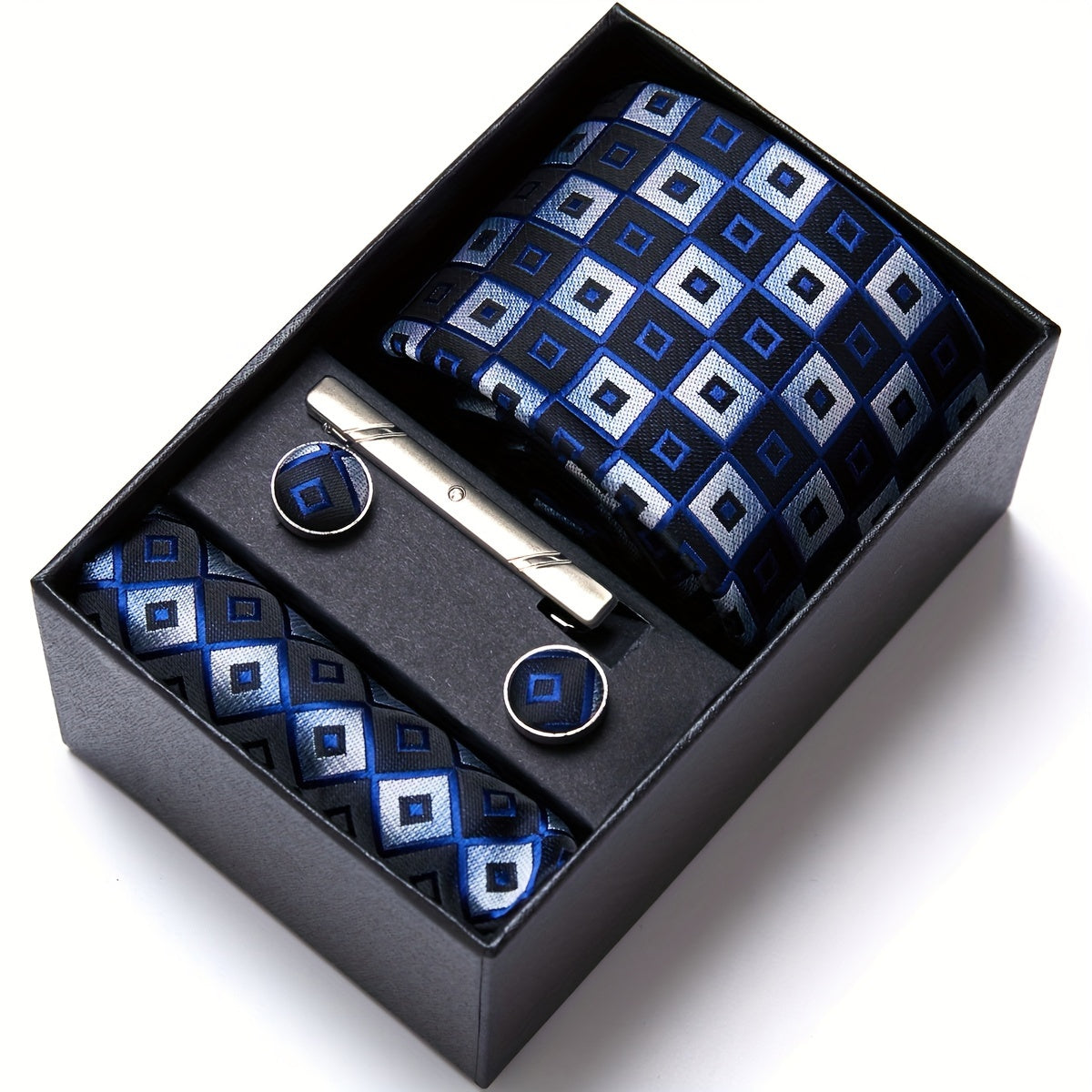 Men's Blue Tie Set with Pocket Square Cufflinks and Tie Clip for Weddings and Occasions