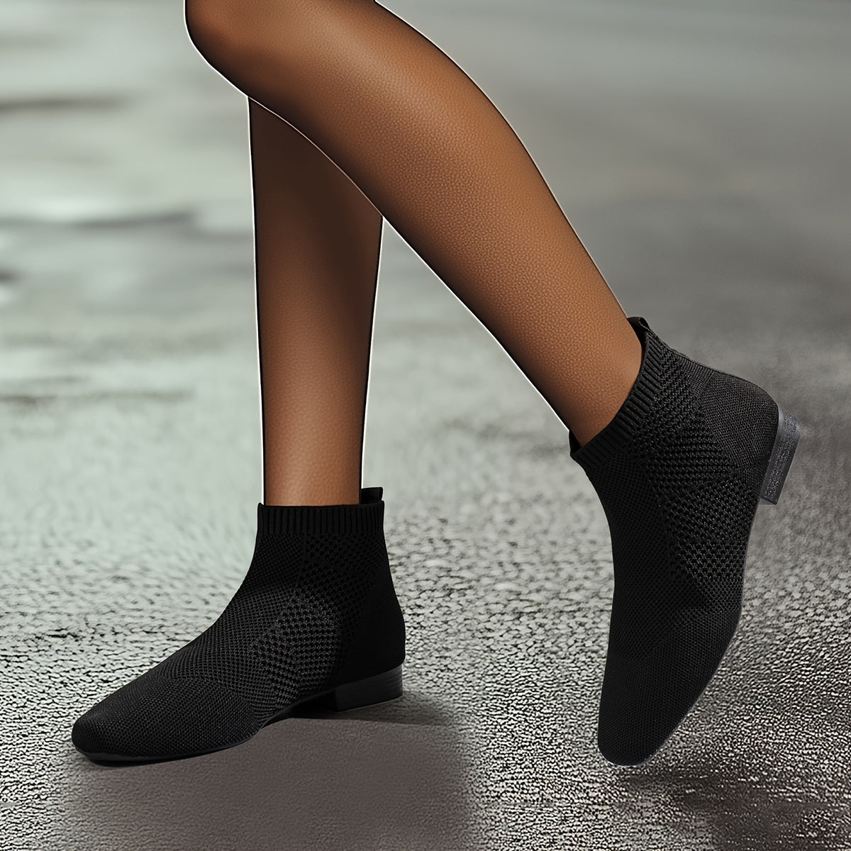 Women’s Knit Ankle Boots Breathable Mesh Low Block Heel Casual Shoes