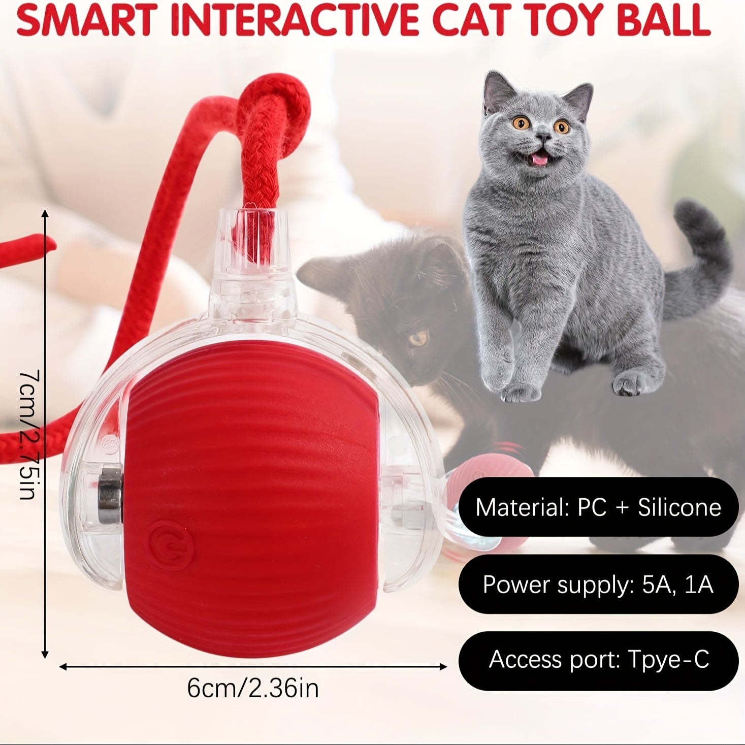 360° Interactive Pet Toy for Cats and Dogs Red Silicone Ball with Rope Handle USB Rechargeable