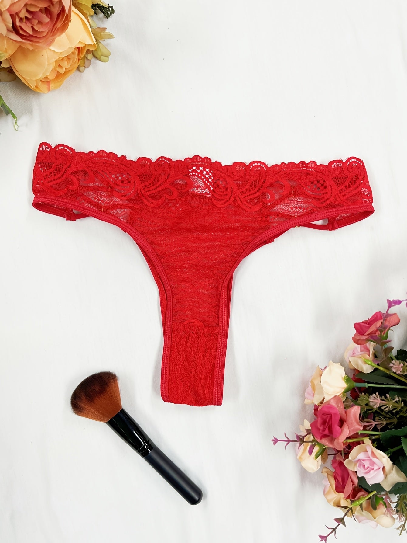 Women's Red Lace Thong Panties with Floral Pattern and Scalloped Trim