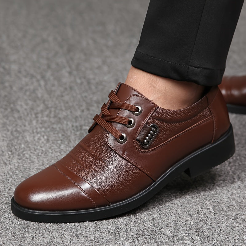 Men's Leather Derby Shoes with Slip-Resistant Rubber Sole and Round Toe