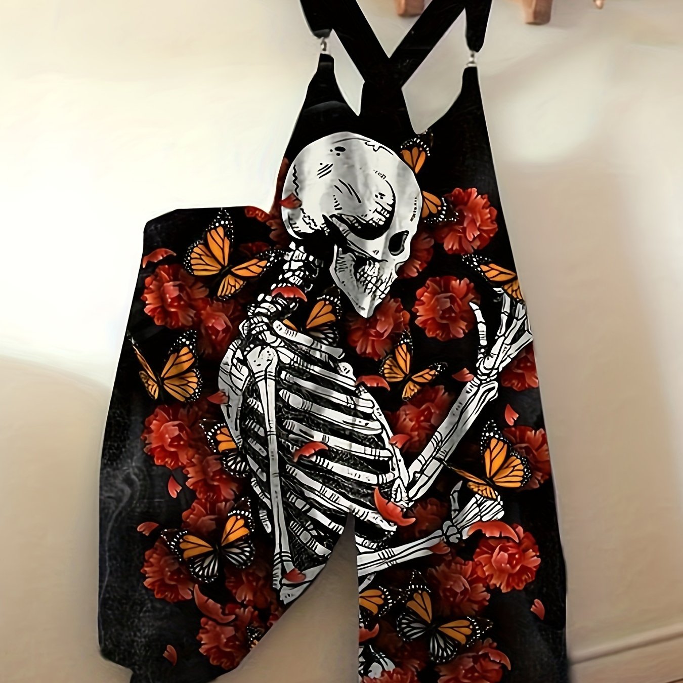 Mono corto de talla grande con estampado floral de calavera, ropa casual sin mangas con tirantes para mujer