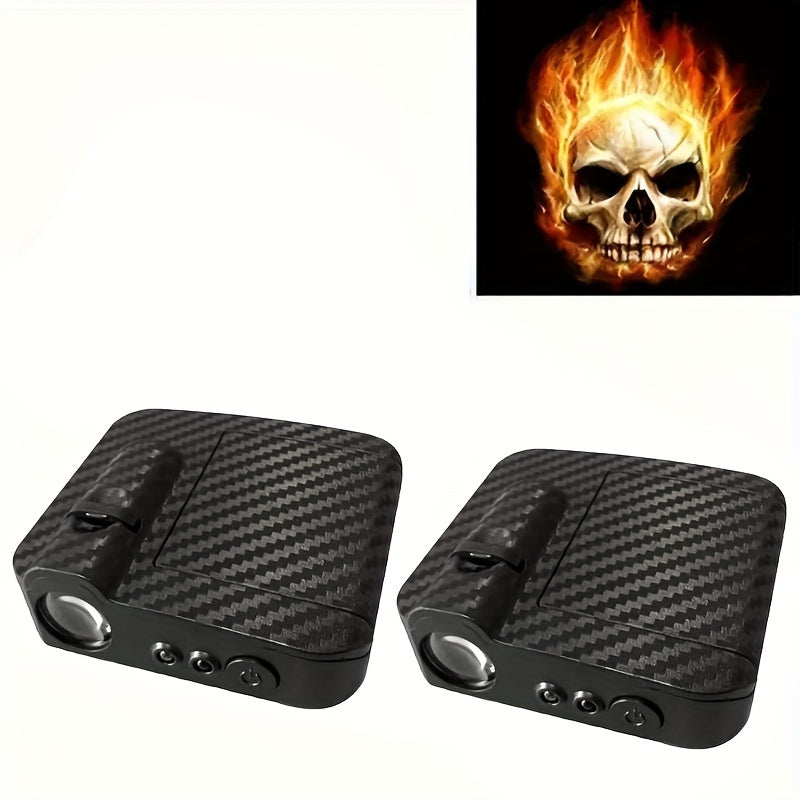2pcs Wireless LED Car Door Projector Lights 3D Blue Fire Tiger Skull No-Drill Installation