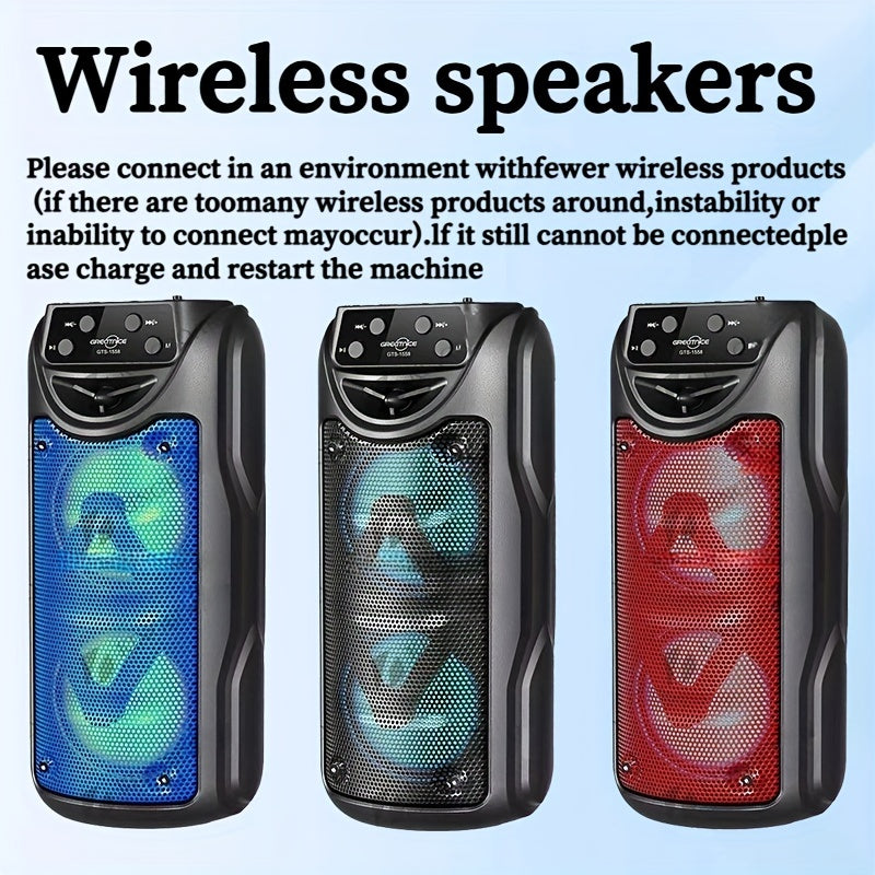 Katta ikki 3 dyuymli ochiq havoda foydalanish uchun mo'ljallangan dinamik, LED chiroq, ulanish uchun kartochka, USB va mikrofon ulanishi bilan. Kamping va portativ foydalanish uchun mukammal, simsiz imkoniyatlar va rang-barang yoritish bilan.