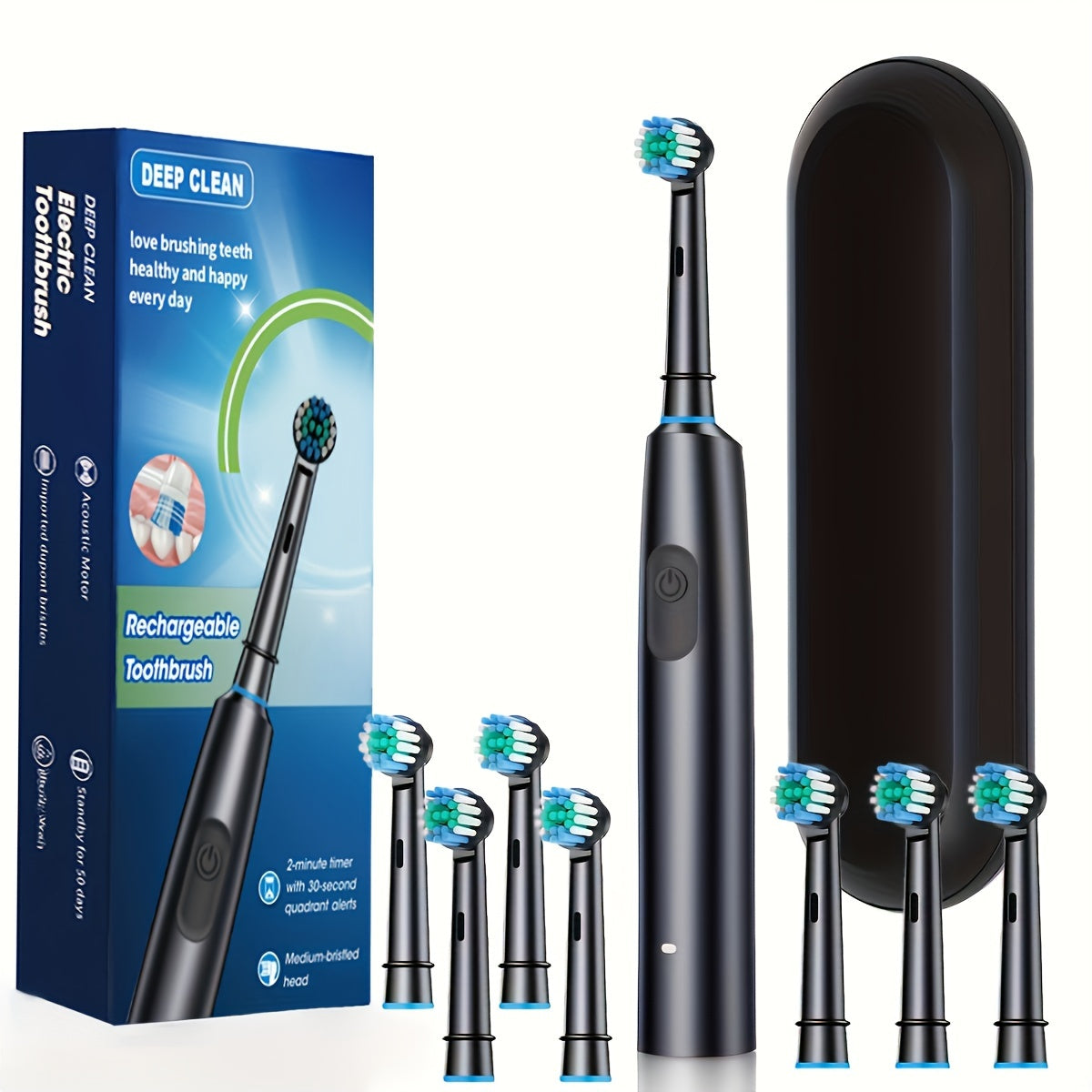 Electric Toothbrush for Adults with 5 Modes and 8 Rotatable Soft Bristle Heads in Black