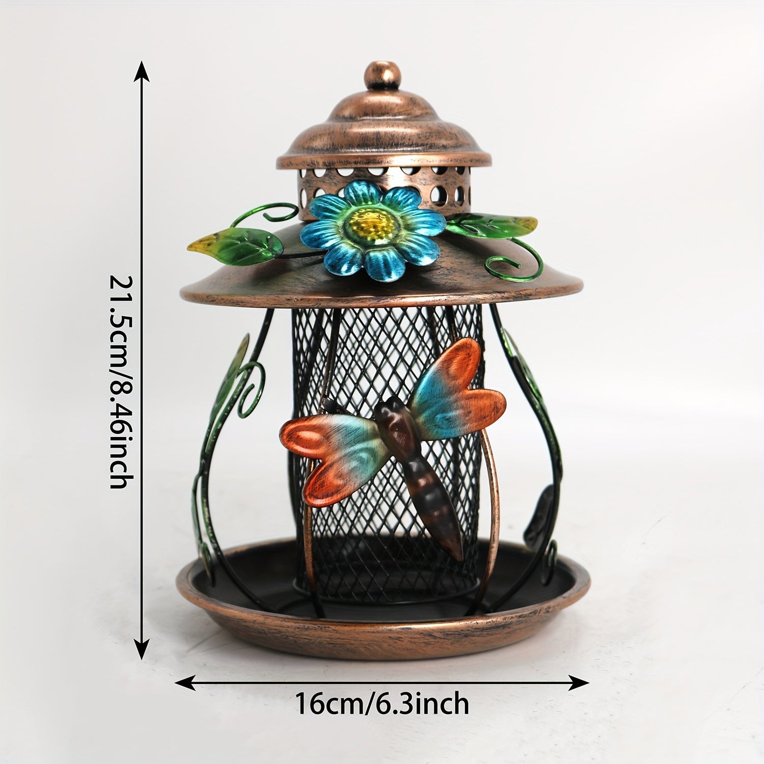 Metal Mesh Bird Feeder with Dragonfly and Flower Accents Outdoor Hanging Decor