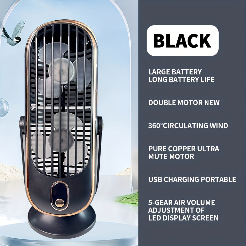 720° Oscillation Table Fan with Dual Motors, 5-Speed, USB Charging