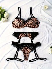 Набор белья с кружевной отделкой в леопардовый принт и стальным кольцом, включающий трусики и чулки с подвязками