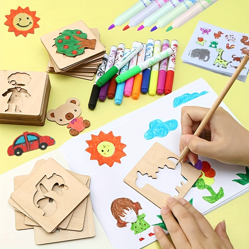Wooden Drawing Stencils Kit for Kids Reusable Shapes for Arts and Crafts