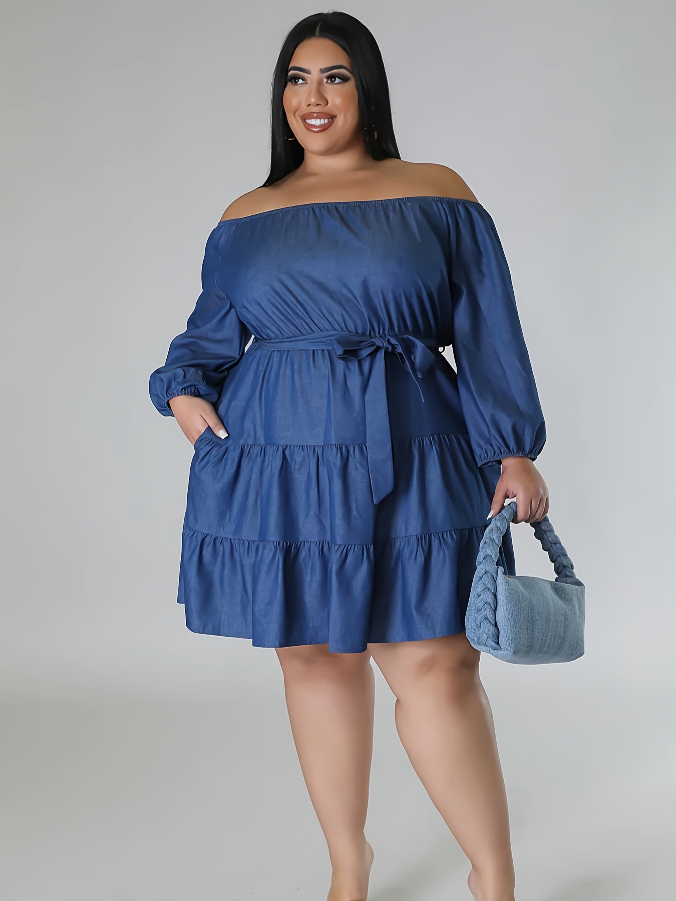 Plus Size Women's Denim Off-Shoulder Tiered Dress Casual Formal All-Season