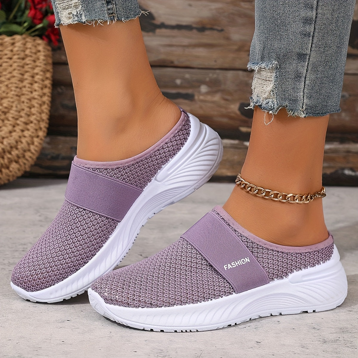 Women's White Slip-On Casual Sneakers Breathable Knit Comfortable Beach Shoes