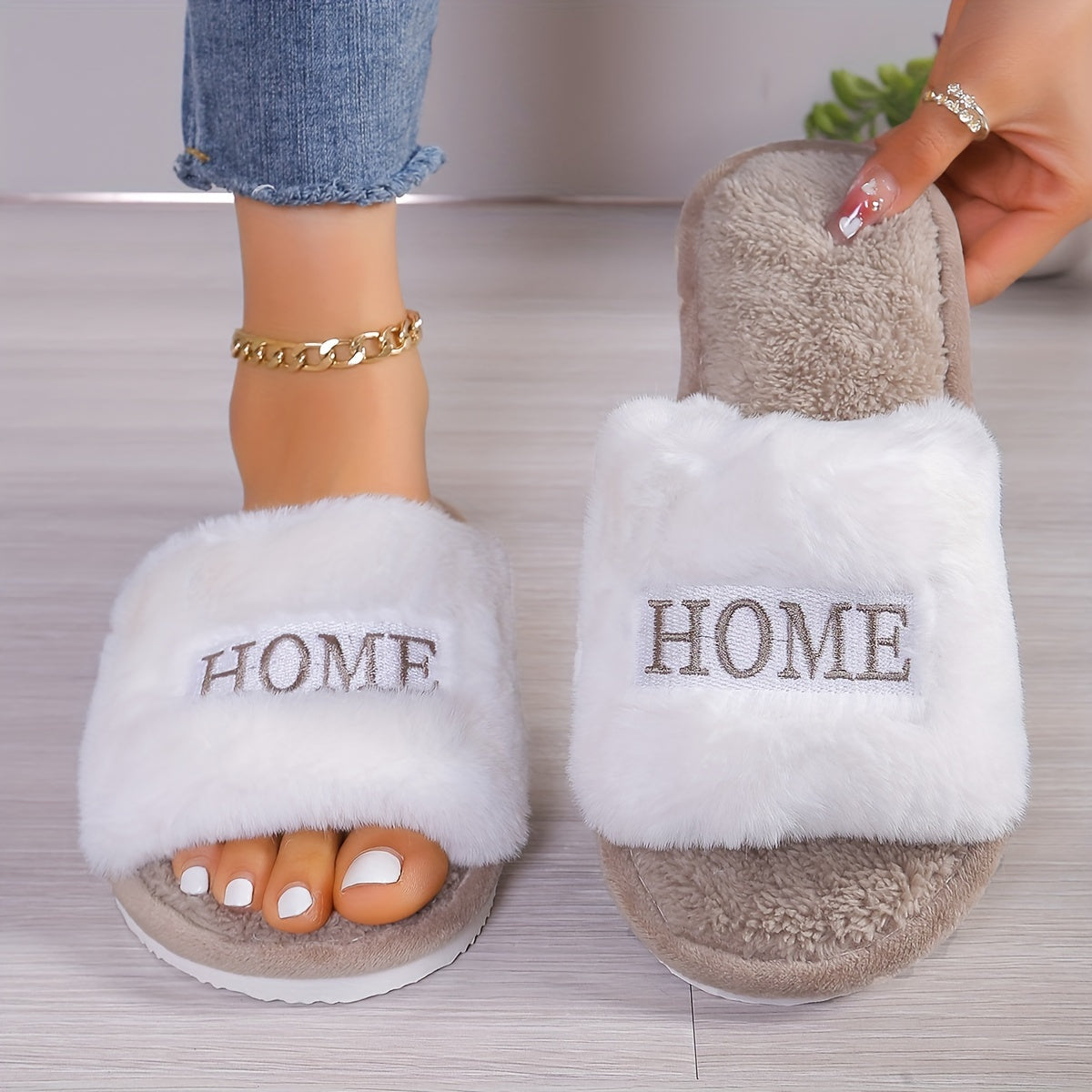 White Women's Plush Slippers with "HOME" Embroidery Indoor Cozy Furry Slip-Ons