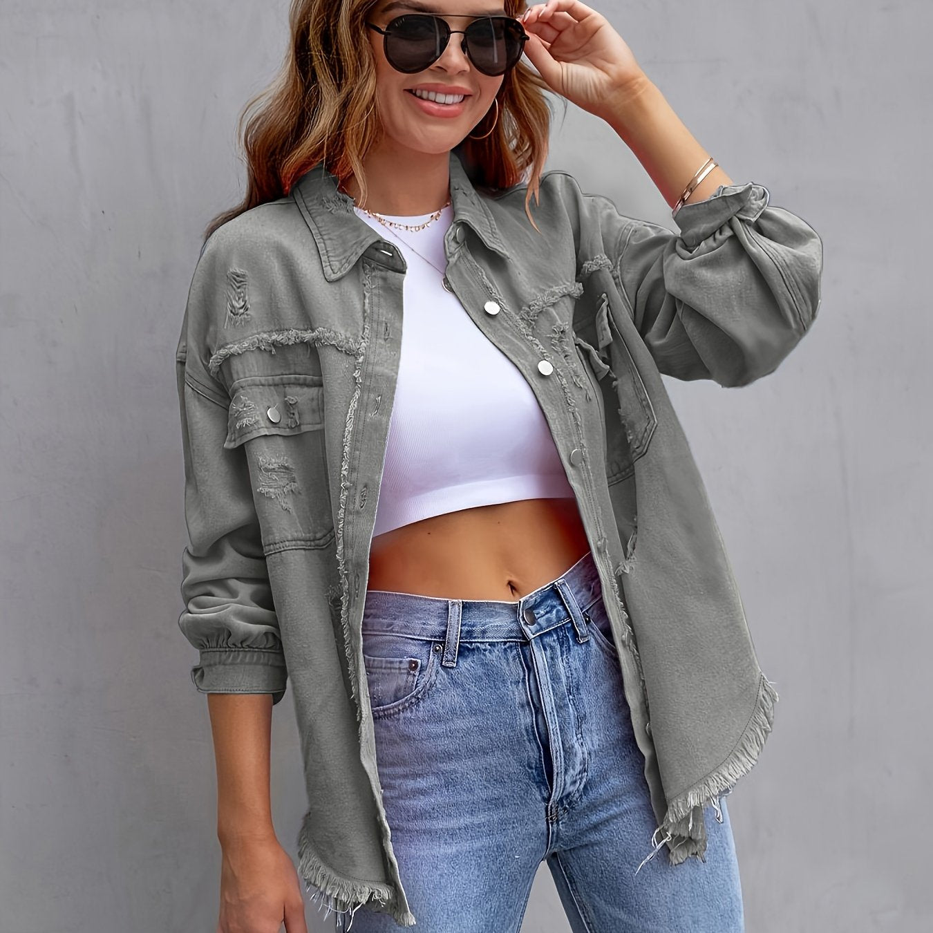 Women's Plus Size Distressed Retro Denim Jacket with Raw Hem Long Sleeve Solid Color Spring Summer