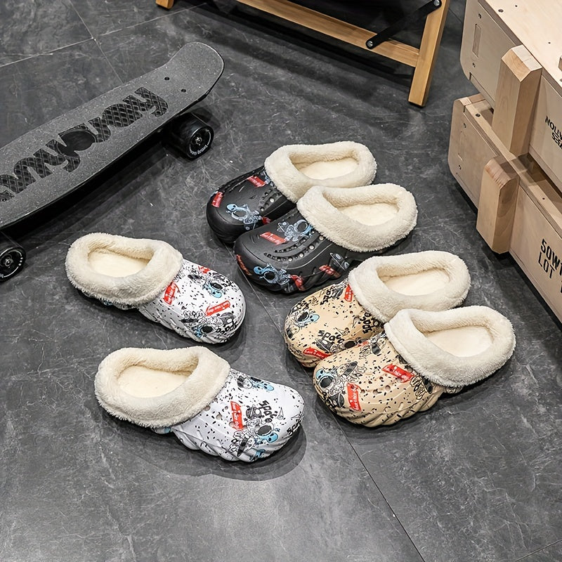 Women's Alien Print Fleece-Lined Clogs Cozy Warm Slip-On Winter Shoes