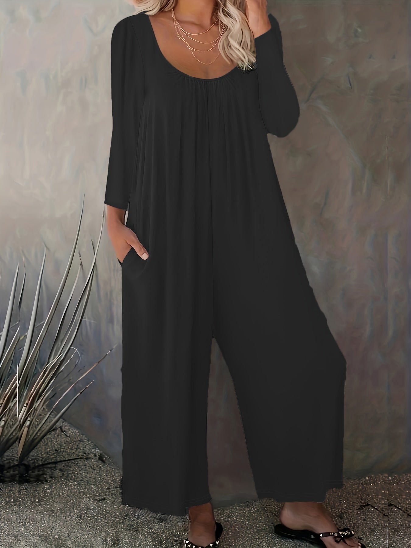 Women's Long Sleeve Jumpsuit with Pockets, Wide-Leg Lounge Pants, All-Season Comfort