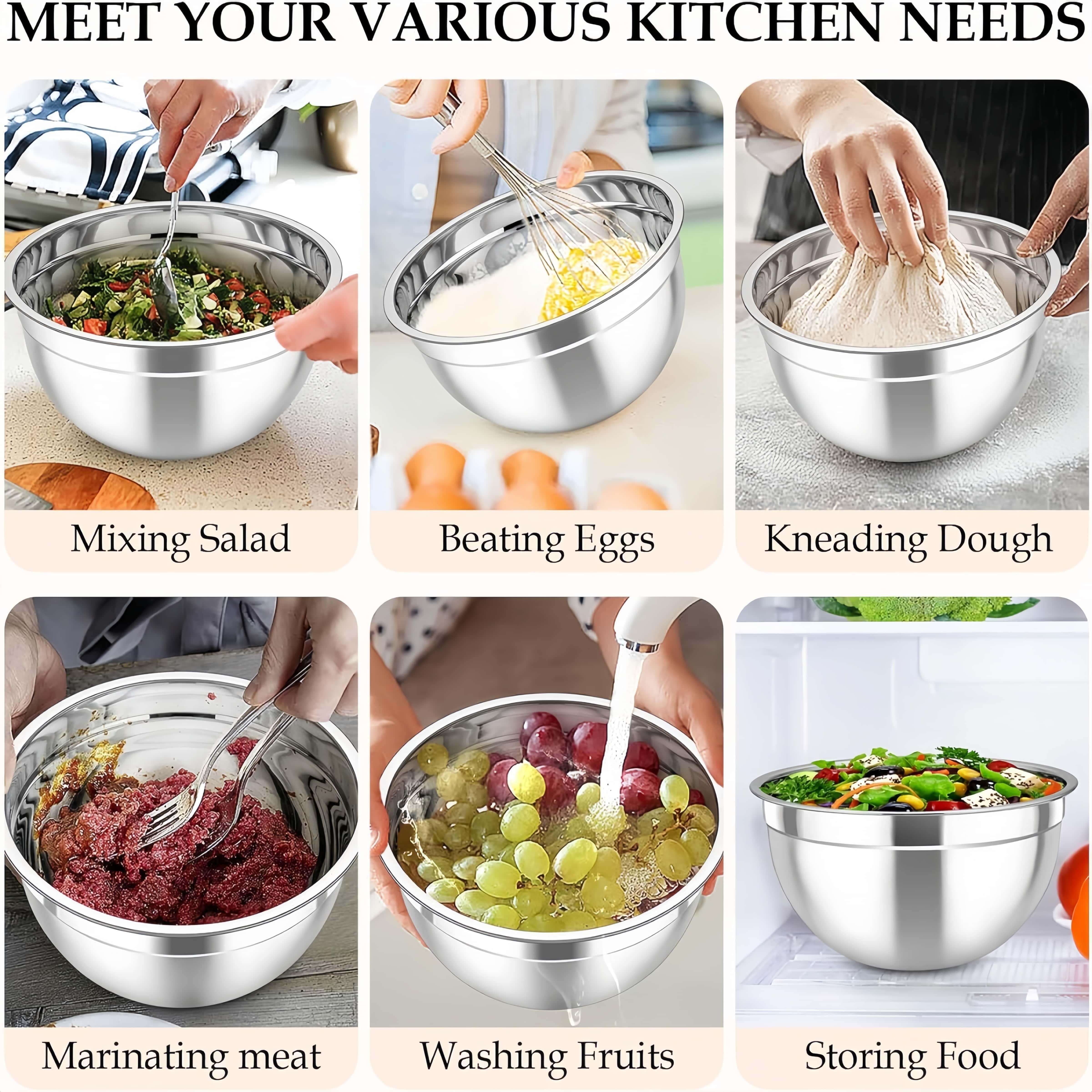 15-Piece Stainless Steel Mixing Bowls Set with Airtight Lids and Grater Attachments