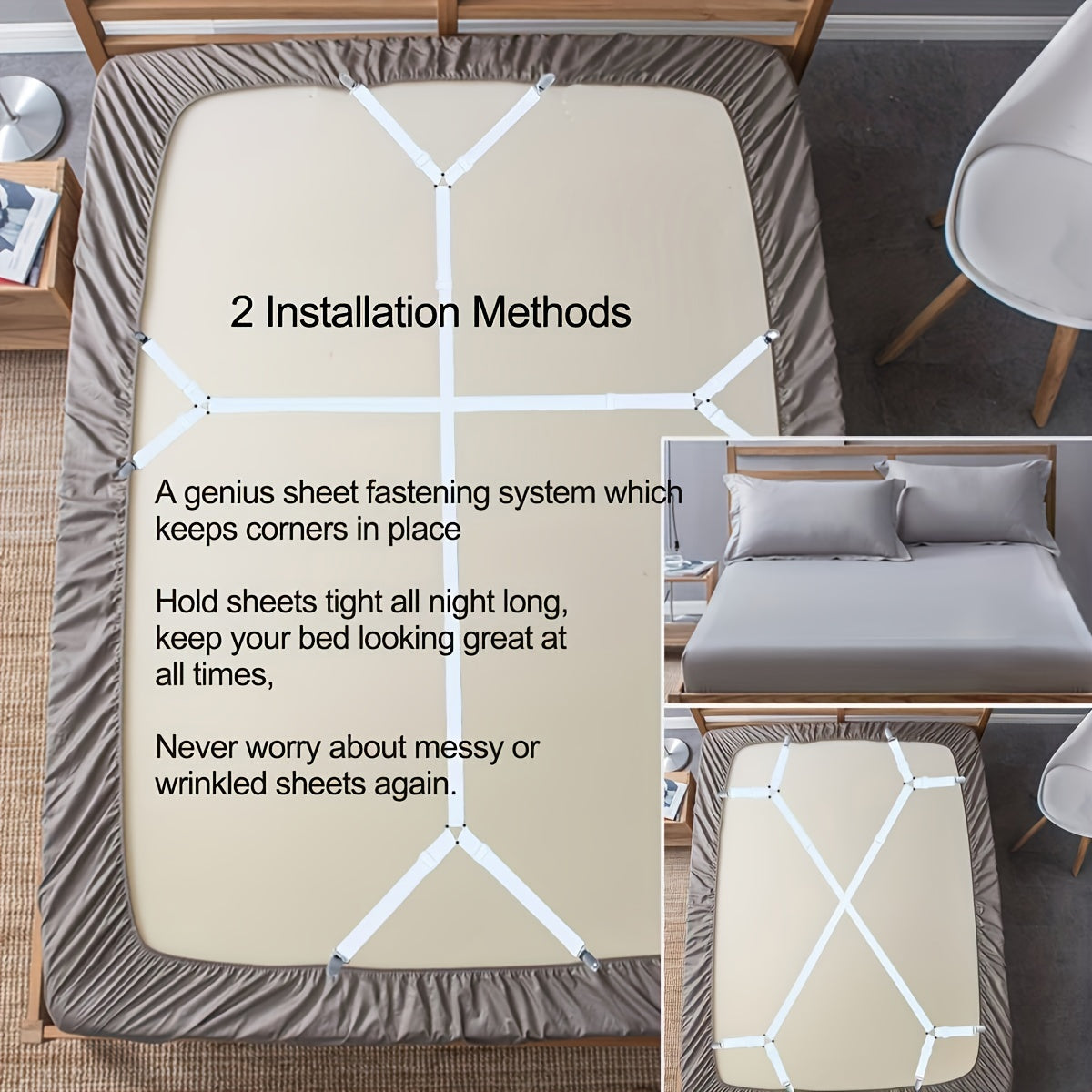 Set of 2 Adjustable Bed Sheet Holder Straps with Crisscross Design and Elastic Bands