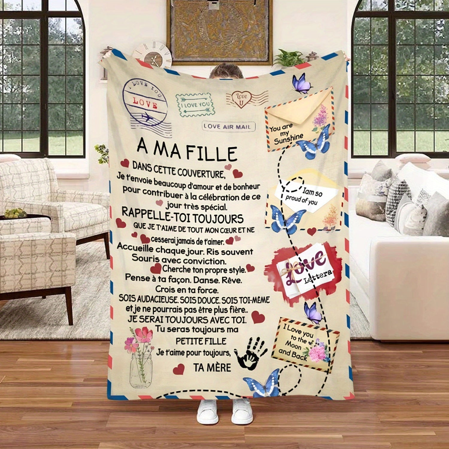 Personalized French Letter Envelope Print Flannel Throw Blanket Cozy All-Season Gift for Daughter
