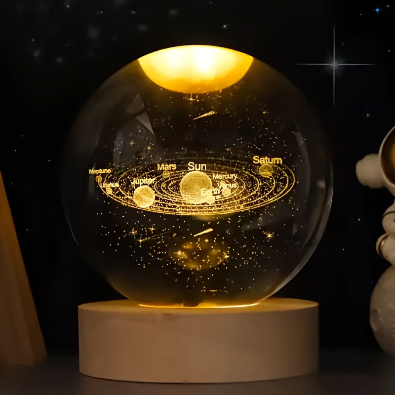 3D Crystal Ball with Solar System and Moon Engraving USB Powered Space Decor for Home Office
