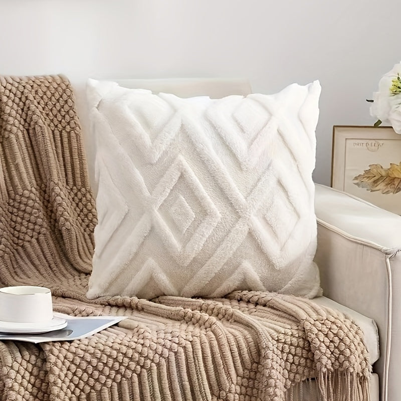 White Bohemian Faux Fur Pillow Cover with Geometric Pattern Zipper Closure for Sofa Bed Car Decor